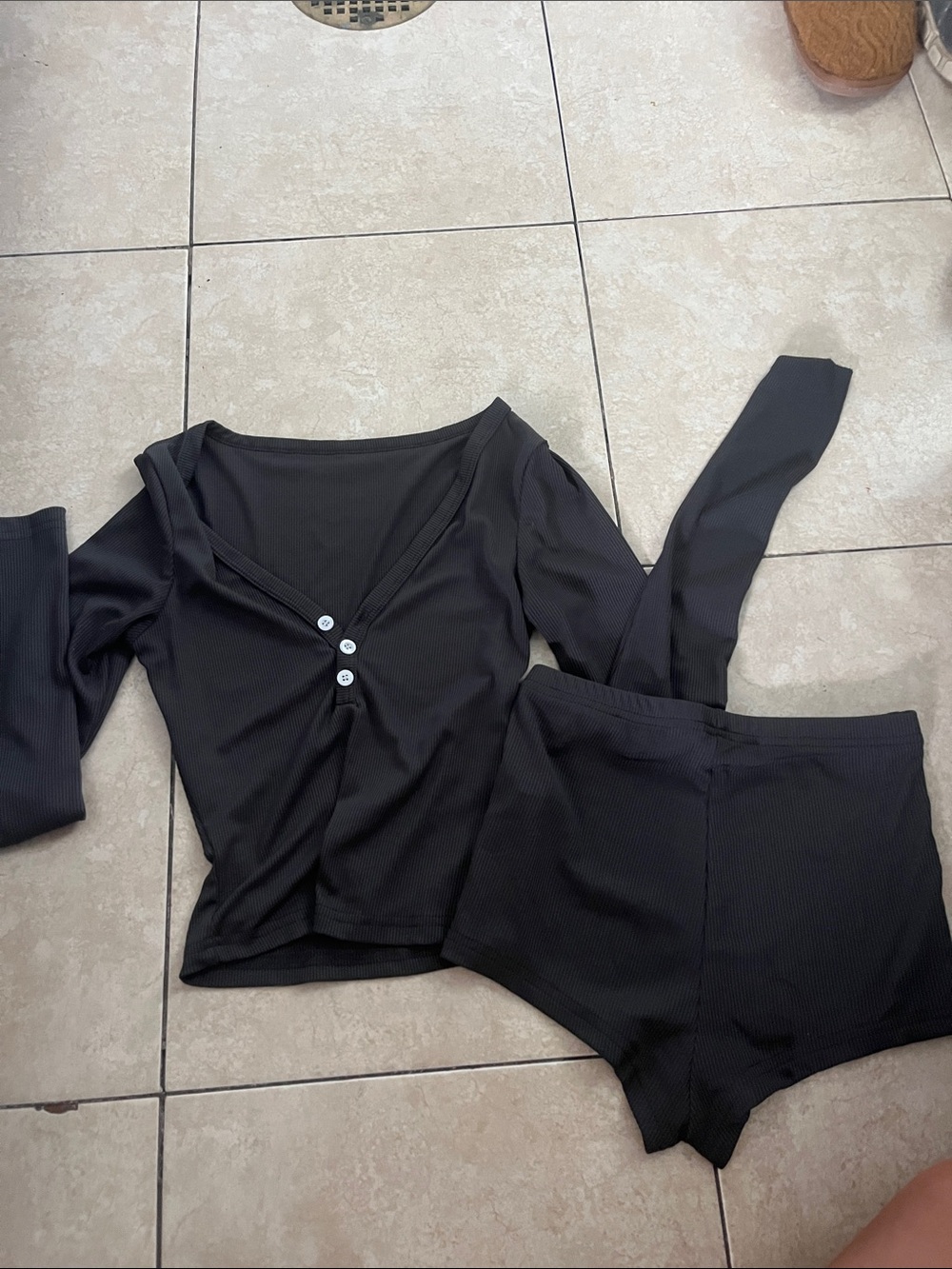 Black Ribbed Two-Piece Loungewear Set - Button Front Top & Shorts